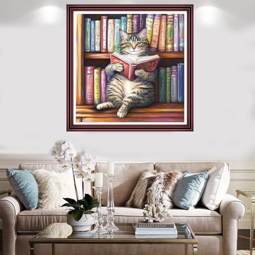 Image of Redxing Stamped Cross Stitch Kits Full Range of Embroidery Starter Kits- Needlepoint Counted Cross Stitch Kits for Beginner Adults 11CT Printed Embroidery Kit-Reading on cat Bookshelf 18x18 inch
