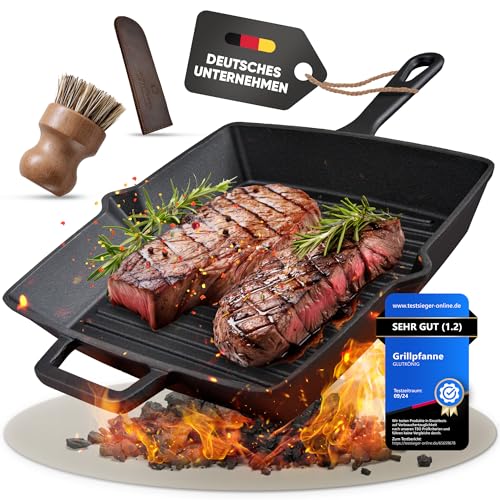 GLUTKÖNIG Grillpfanne Gusseisen 26 cm emailliert, voreingebrannt...