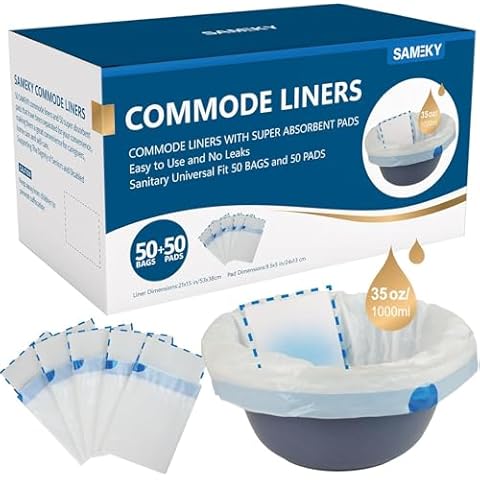 SAMEKY 50 Pack Commode Liners with Absorbent Pads, 50 Count Bedside Commode Liners and 50 Count Commode Pads | Universal Fit | Portable Toilet Liners for Adult Commode Chairs, Make Caregiving Easier Cover
