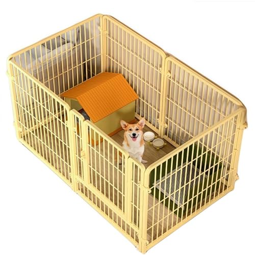 Klivex ペットサークル 犬 ペットフェンス サークルケージ ドア付き 室内 屋外 置くだけ 柵 自立 ケージ 小型犬 セットドア付 6枚 接続式 簡単組み立て 工具不要 折りたたみ 犬用 広げる レイアウト自由 隔離 屋内犬小屋 (イエロー)