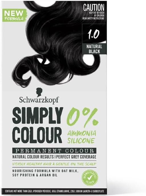 Schwarzkopf Simply Color Permanent Hair Colour, 0% Ammonia & Silicone for Natural Color Results, Dermatologist Tested hair colour with PPD & PTD Free formulation, 1.00 Jet Black, 142.5ml
