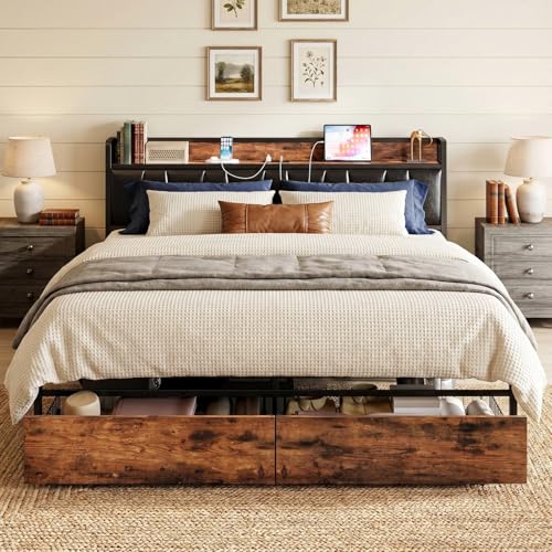 Image of LIKIMIO California King Size Bed Frame with 2 Drawers and Charging Station | Platform Bed with Upholstered Storage Headboard, No Box Spring Needed, Easy Assembly, Sturdy, Vintage Brown and Black