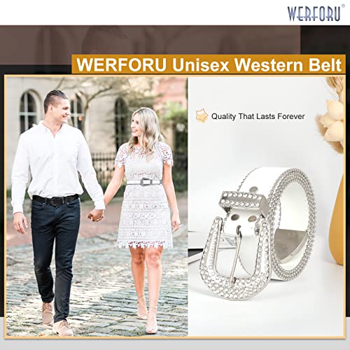 WERFORU Men Western PU Leather Belt Western Cowboy Women Cowgirl Boho Waist Belt with Rhinestone Buckle-4