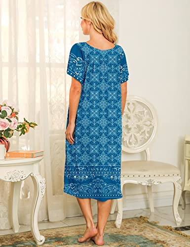 Image of Bloggerlove Mumu House Dress for Women with Pockets Short Sleeve Nightgowns | 15% Cotton, 80% Polyester, 5% Spandex, Floral Mumu House Dress, V-Neck, Short Sleeves, Midi Length, 2 Side Pockets, Lounging