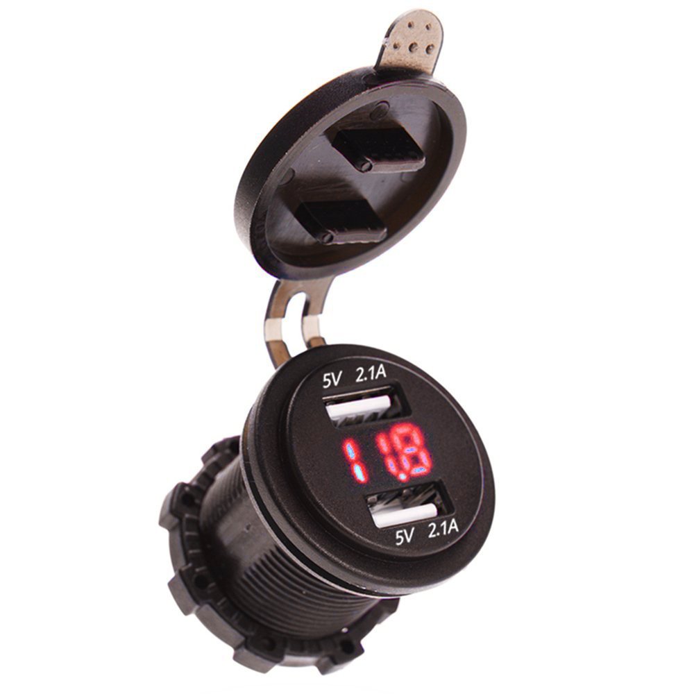 Linchview12-24V LED digital voltmeter with dual USB car charger, 4.2A plug voltmeter for car motorcycle boat with 60 cm cable