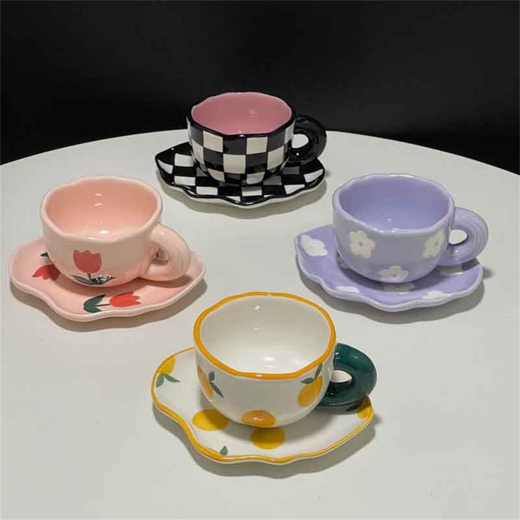 Personalized Hand Painted Flower Ceramic Cups And Saucers Coffee Cup Saucer Tableware(Black)