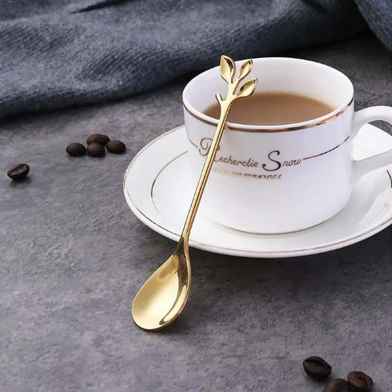 Juego de 6 cucharas doradas de acero inoxidable con personalidad creativa, cuchara de hoja de árbol, cuchara de café, cuchara de té, hogar, restaurante, postre, cubertería, 6 piezas, color dorado