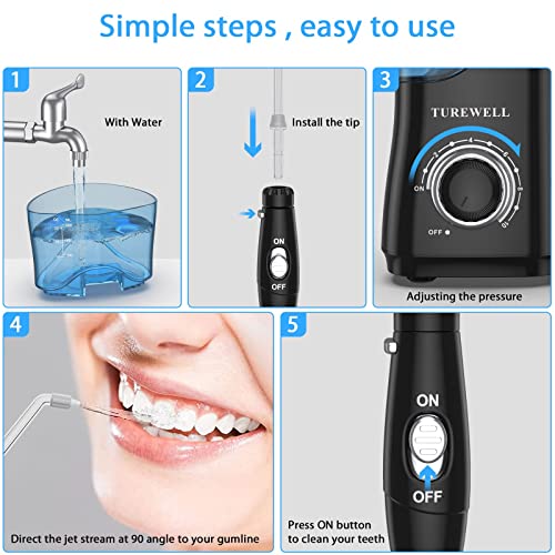Image of TUREWELL Water Dental Flosser for Teeth /Braces, Water Teeth Cleaner 8 Jet Tips and 10 Pressure Levels, 600ML Large Water Tank Oral Irrigator for Family(Black)