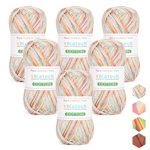 Image of Katech 1OO% Variegated Cotton Yarn for Crocheting-2 Sport Weight Baby Yarn for Knitting-6 Pcs of 50g(1.76oz) /160m(175yd), Fine Soft Multicolor Yarns for Baby Blankets, Afghans, Shawls, Dress, Hats (A)
