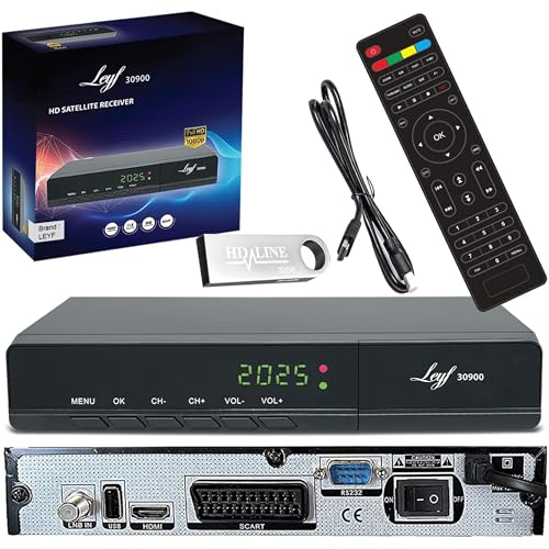 Echosat & Leyf 30900 Digital satellitmottagare – DVB-S/DVB-S2 – Digital Sat Receiver – Full HD 1080p – HD-kabel + minnessticka [förprogrammerad för Astra, Hotbird och Türksat]