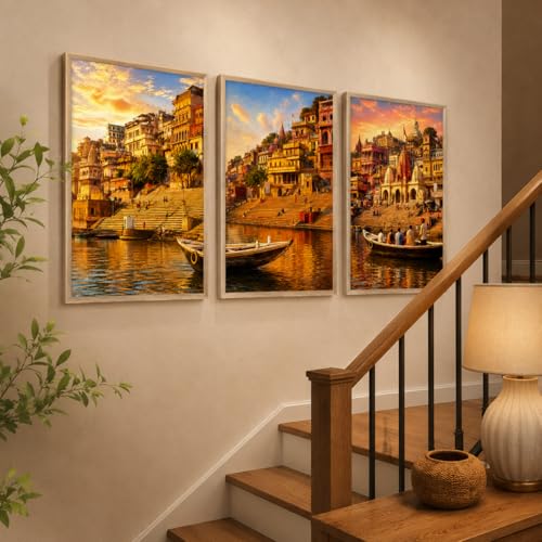 Image of Livin'luxe Set of 3 Banaras Ghat Wall Paintings for Living Room Bedroom Hallway Home Decor with Premium Wooden Color Synthetic Frame (25.5 x 19.5 Inch) NM03-62