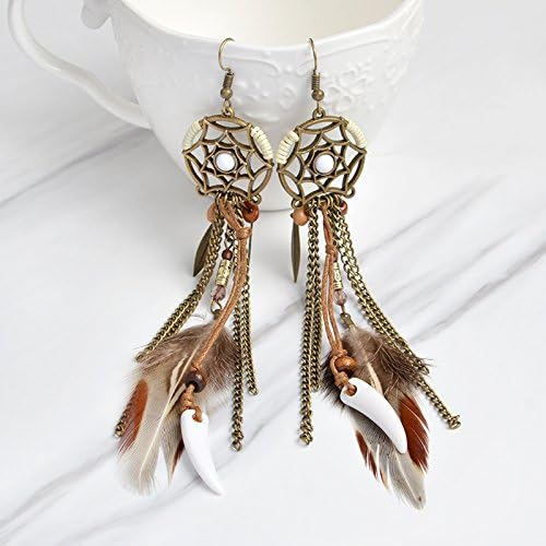 Miniatura 8 de Aretes punk, estilo vintage, con borlas largas, cuentas de pluma, colgante en forma de diente de lobo, aretes de gancho de pescado, adecuados