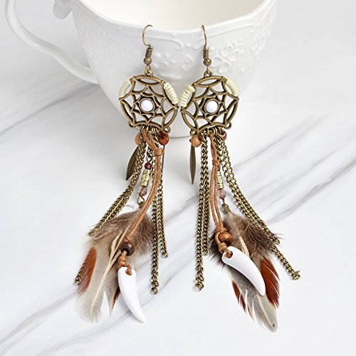 Punk Vintage Long Tassel Feather Beads Drop Wolf Tooth Pendant Earring Fish Hook Earrings (Brown A) #TOP7