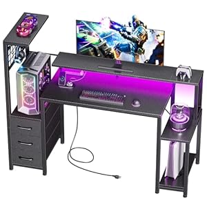 48 Inch Gaming Desk with LED Lights & Power Outlets,Computer Desk with Fabric Drawers & Side Hook,Reversible Gamer Table with Monitor Stand for Game Room,Home Office,Carbon Fiber Black