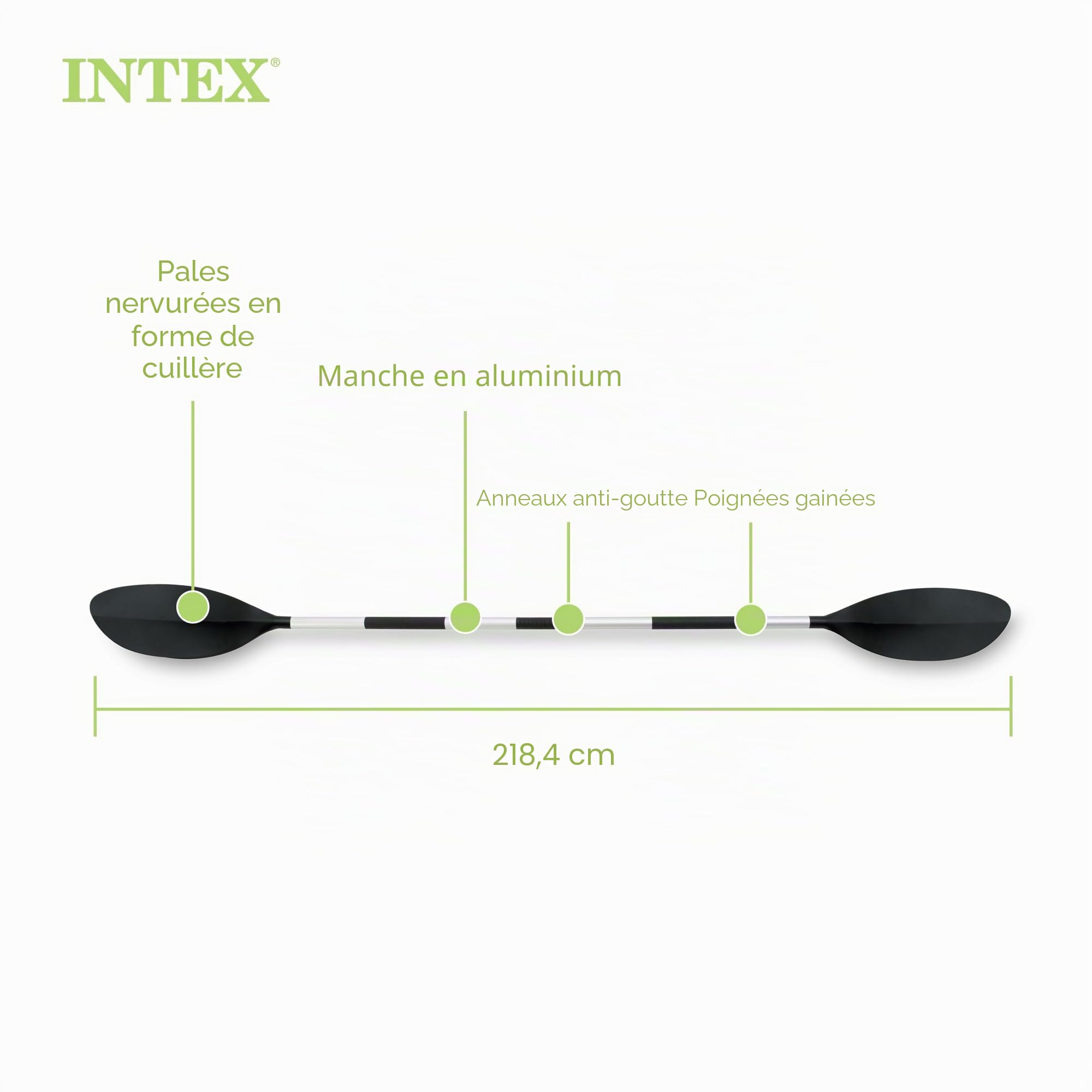 Intex Paddle Pagaie de Kayak Unisexe, Noir, 86" | Pagaie de 218,4 cm, lames de cuillère nervurées, tige légère, poignées confortables, réglage à 3 positions, approuvé par TV