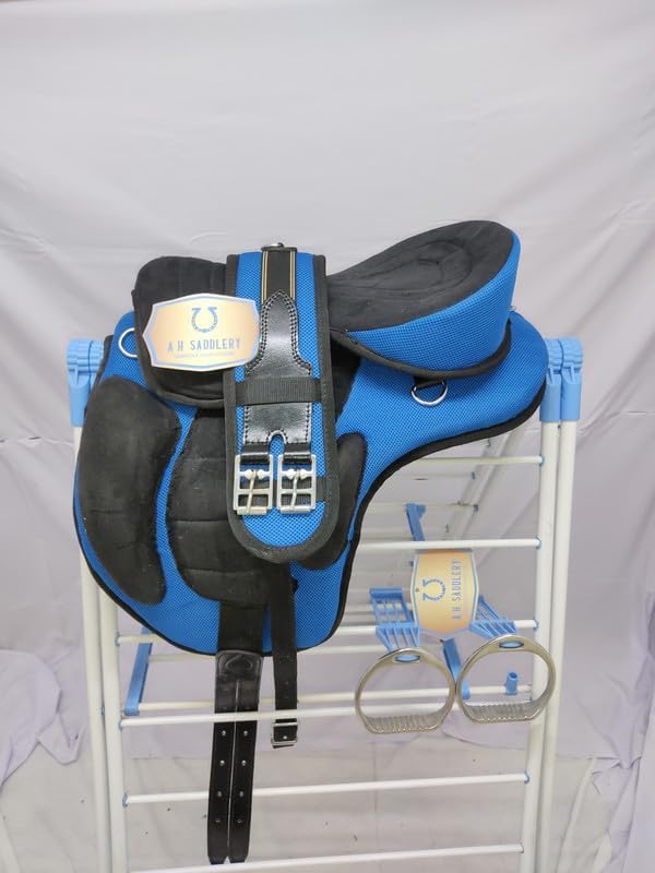 Blue Lake Sillines de caballo ingleses sintéticos multiusos sin árboles, obtén cincha y correas y estribos a juego, tamaño I azul, tamaño I, tamaño