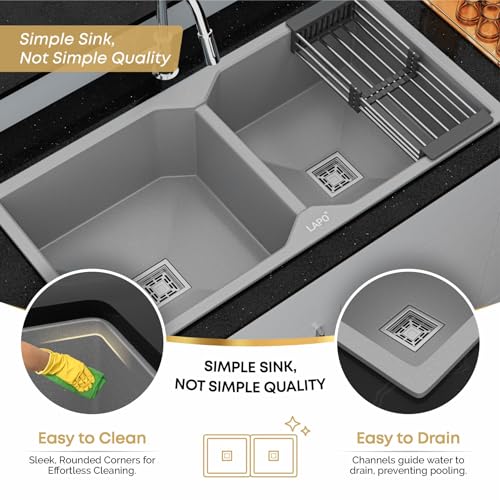 Image of LAPO Granite Double Bowl Kitchen Sink | 37x18 Inches with Tap Hole | UV Resistant Surface & Low Noise Water Splash | Includes Waste Pipe, Coupling & Basket | 3 Years Warranty (Grey Metallic)