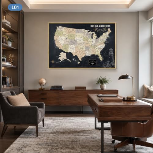 Image of IPIC Personalized Vintage Framed USA Map Pin Board, Image Size 42x28 in