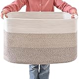 ICERZCZ Extra Large Blanket Basket Living Room, Rectangle Storage Basket, Large Woven Baskets for Storage, Cotton Rope Basket for Toys, Clothes, Gradient Brown - 25”x16”x16” (105L)