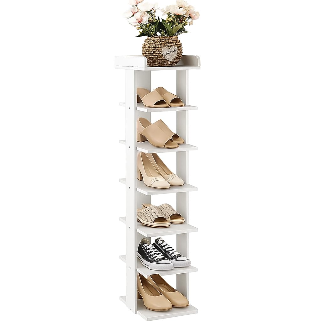 Narrow Shoe Rack 7 Tier Tall Storage Stand Space-Saving Vertical White Shoe Organizer Freestanding Wood Shelf with Top Platform Durable Easy Assembly for Entryway Hallway Bedroom