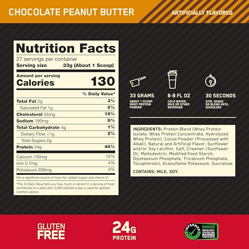 Optimum Nutrition Gold Standard Whey Protein, Chocolate Peanut Butter, 2 LB - image 3