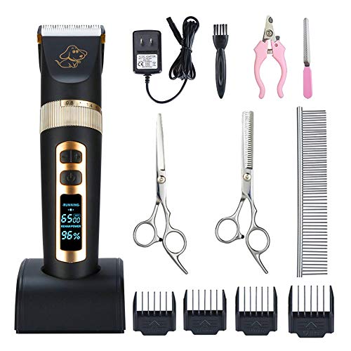 Otstar Professional Dog Grooming kit, 3 Speed Rechargeable Cordless Dog Clippers Low Noise Low Vibration, LED Screen Indicate Power/Lubricating/Cleaning