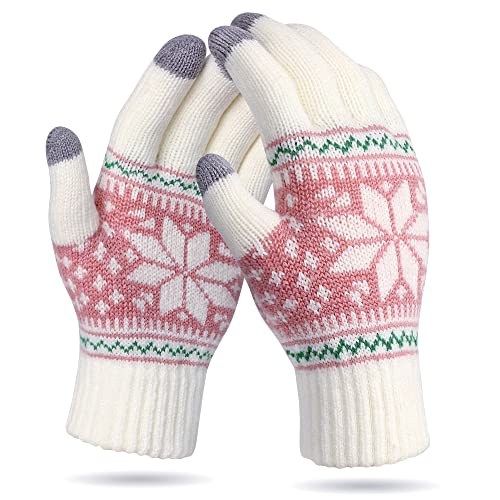 VENI MASEE Weihnachten Frauen Männer Snowprint Keep Warm Strickwolle Touch Screen Handschuhe - Damen Weiß,20cm
