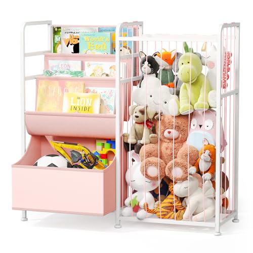 Image of BBLIKE Kids Bookshelf and Stuffed Animal Storage - Multi-Function Nursery Book Shelves with Toy Box and PVC Book Display, Toy Organizer for Playroom, Bedroom, Nursery, Pink