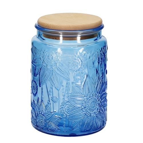 1Pc 24oz Sunflower Style Vintage Glass Candy Jar with Airtight Bamboo Lid, Kitchen Storage Canister for Sugar, Coffee, Tea, Cookies, Bath Salt - Decorative Mason Jar(1, Blue, 24oz)