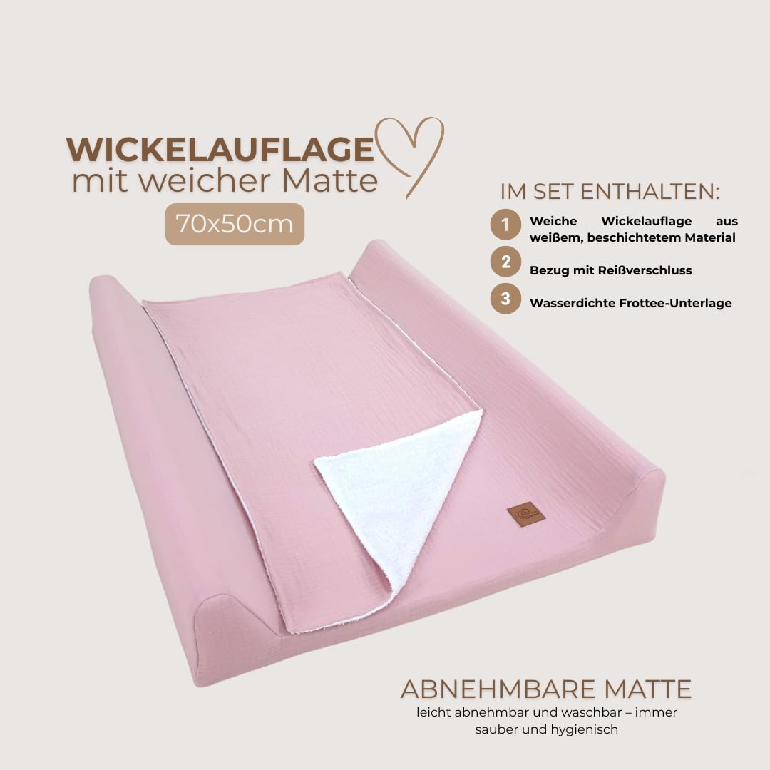 Wiklinopol - Colchón cambiador (50 x 70 cm, 3 en 1 con funda extraíble de gasa (rosa), cojín cambiador impermeable y bordes elevados + cojín de esponja