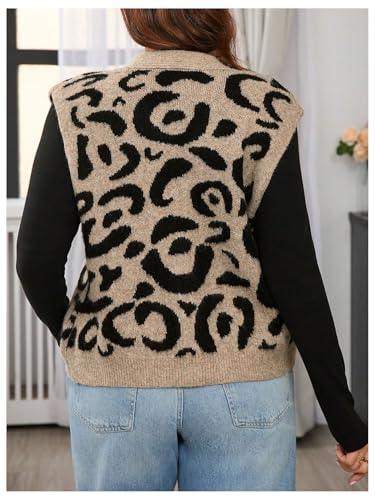 Verdusa Women's Plus Size Leopard Button Front Sweater Vest Sleeveless Knit Cardigans2