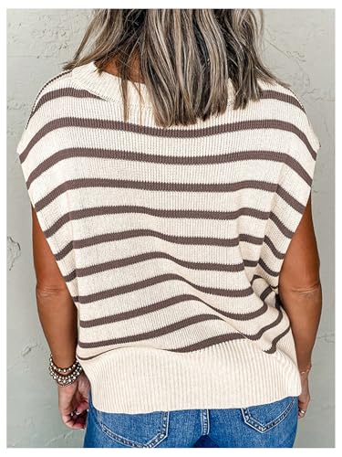 Verdusa Women's Striped Short Sleeve Sweater Casual Crew Neck Side Slit Loose Knit Tops2