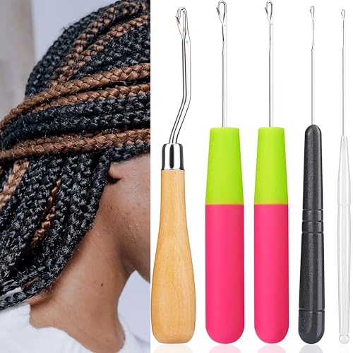Image of 5Pcs /Sets Bent Latch Hook Crochet Hooks Hair Braiding Tools Dreadlocks Different Sizes Crocheting Weaving Needles for Hair Braiding, Rug Making and Art Crafts
