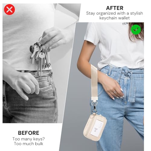 Beige Mini Zip Card Case for Women with Clear ID Window, Coin Purse, Lightweight Small Zipper Wallet,Portable Organizer2