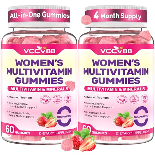 Image of All-in-One Women's Multivitamin Gummies with Complete Vitamin & Mineral Complex, Herbal Blends for Energy, Overall Health, High Potency Hair Skin and Nails Vitamins, Strawberry Flavor, 2 Pack