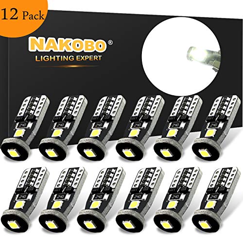 NAKOBO T10 194 168 175 2825 12961 W5W Error Free Non Polarity LED Interior Car Bulb 3SMD 3030 Chipset for Car Interior Dome Map Door Courtesy License Plate 6000K Pure White Lights (pack of 12)