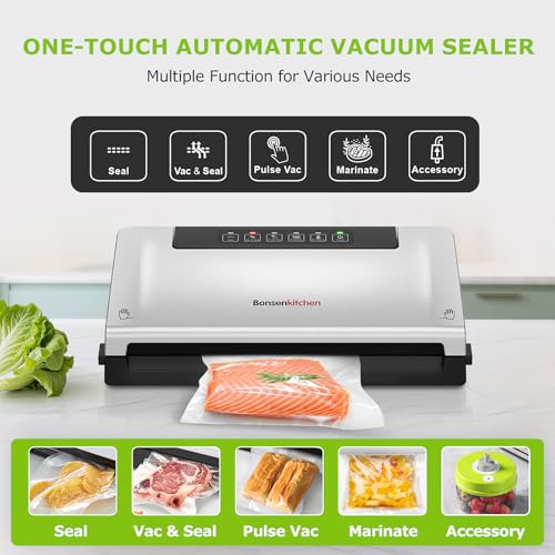 Image of Bonsenkitchen Vacuum Sealer Machine, Built-in Cutter | Bag Storage, Multifunctional Food Sealer for Sous Vide & Meal Prep, 1 Roll Bag & 5 Pre-Cut Bags, Silver