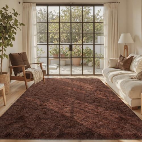 Coffee Brown 5x7 ft Fluffy Rug for Living Room,Fur Bedroom Area Rugs Non-Slip,Carpet for Nursery Kids PlayRoom Indoor Modern Plush Carpets