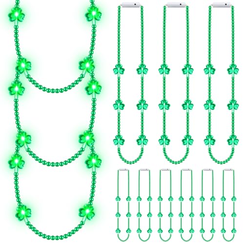 Ecation 12 Pcs LED St Patrick's Day Beads Necklace Colorful Green Light up Bead Necklaces St Patrick's Day Glow Necklace Costumes Accessories for Birthdays Party Favors Supplies (Clover)