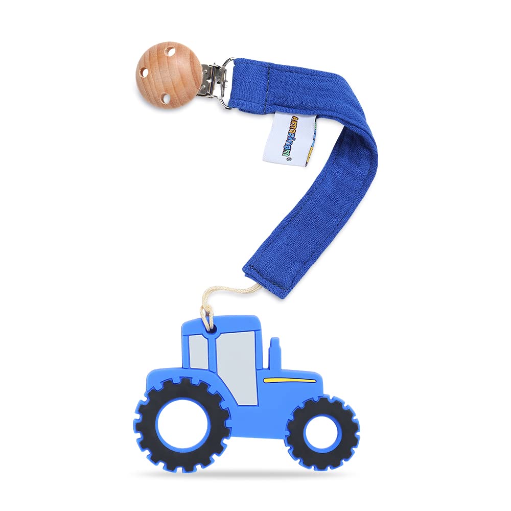 AmazingM Baby Food Grade Silicone Tractor Car Teether Toy with Pacifier Clip Holder,Teething Pain Relief Toys Gift Set for 3 Months+ Boys and Girls,