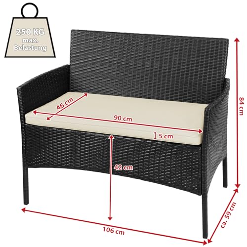 Poly Rattan Sitzgruppe 4 Personen Tisch 2 Stühle Sitzbank 5cm Dicke Sitzpolster Balkonmöbel Set Sitzgarnitur Balkon Terrasse Garten Outdoor, Farbe:Titan-Schwarz/Sandstrand – Bild 5