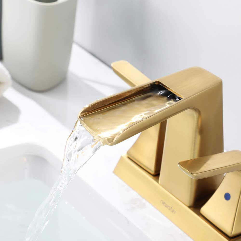 Flаѕh Dеаlѕ - 50% оƒƒ NEWATER Two-Handle Waterfall 4-inch Centerset Three Hole Bathroom Sink Faucet with Metal Pop Up Drain & Supply Lines Vanity Faucet Bathroom Vessel Mixer Tap Deck Mounted，Brushed Gold