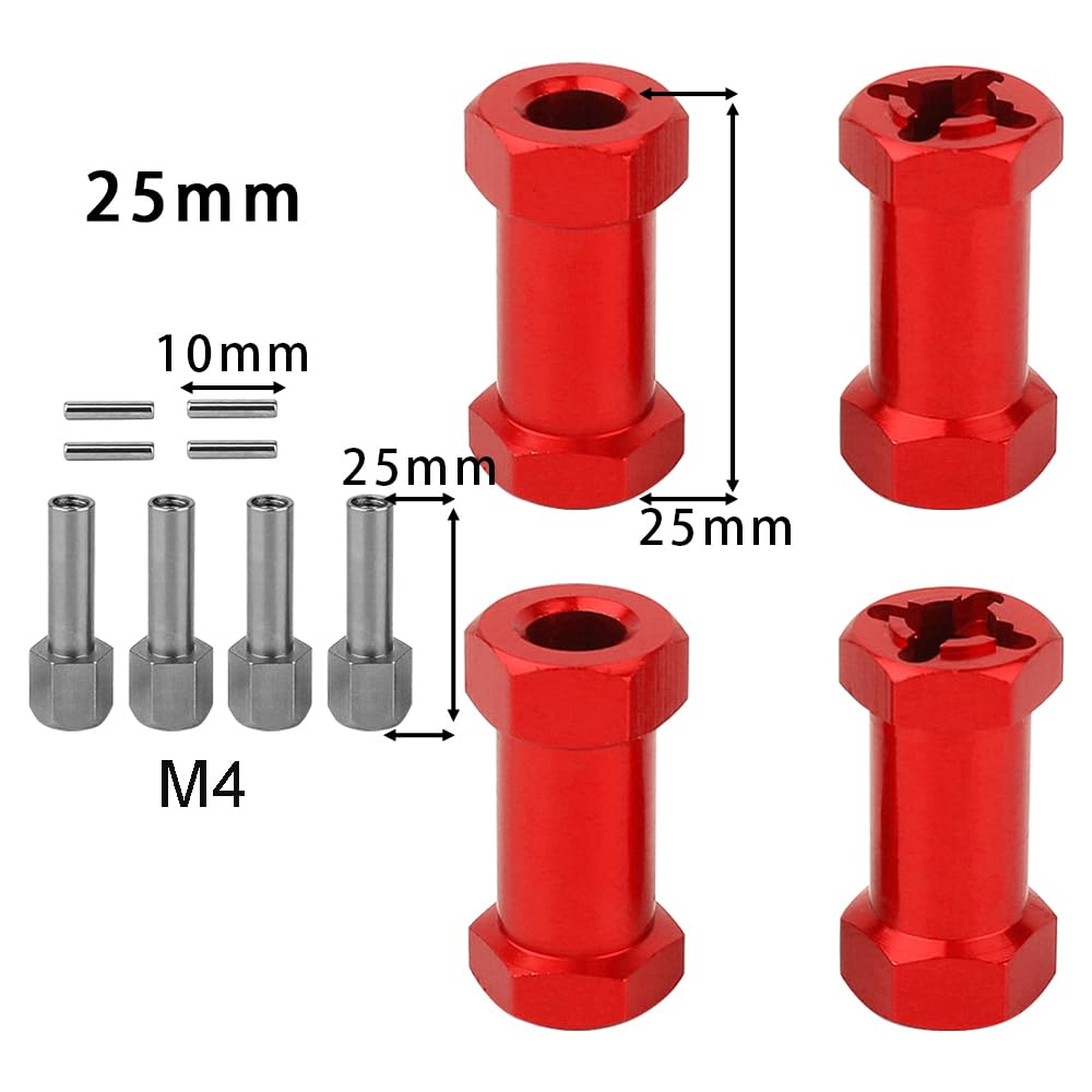 Pothyes 4PCS 12mm Aluminum Wheel Hex Hub 15/20/25mm Offset Extension Hex Drive Coupler Adaptor for 1/10 RC Crawler Car AXIAL AX10 SCX10 I II D90 CC01 F350 Upgrade Part (25mm red)-652302