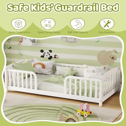 Image of Bellemave Twin Size Montessori Floor Bed Frame with High Fence, Solid Wood Kids Floor Bed with Central Entrance, Low Profile Bed for Boys & Girls, Rounded Corner Design,White