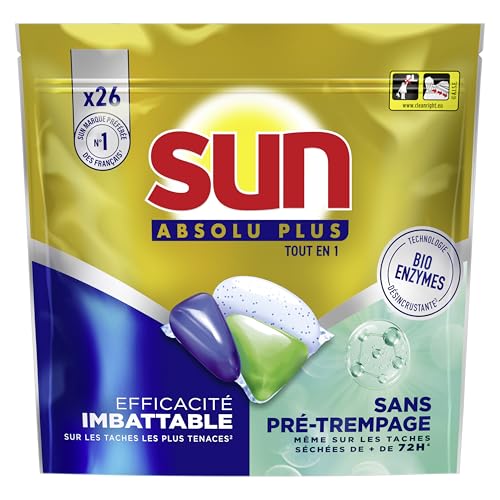 SUN - Absolu Plus Pastilles Lave-Vaisselle Tout en 1 Bio-Enzymes - 26 Capsules - sans prétrempage - tablettes imbattables sur les taches tenaces