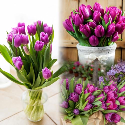 Image of Sggvecsy 15 Pcs Fake Tulips Artificial Flowers Real Touch PU Faux Flowers Tulip Stems for Wedding Spring Bouquet Floral Arrangement Home Party Office Decorations for Mother's Day (Purple)