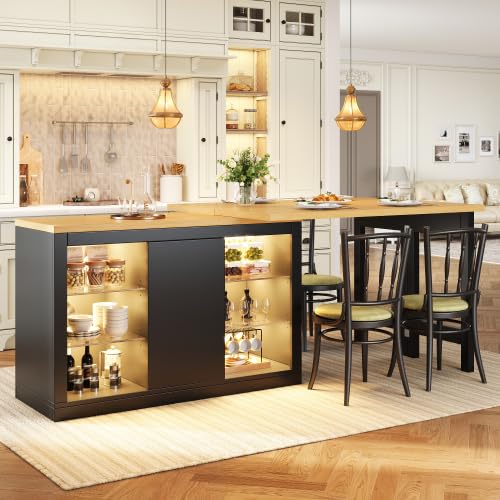 Merax Extendable Table Kitchen Island with RGB LED Lights, 120-197 cm Dining Table with Storage, Breakfast Bar Table with Adjustable Glass Shelves & Snack Rack, Modern Kitchen Cabinet for Small Spaces — image 1