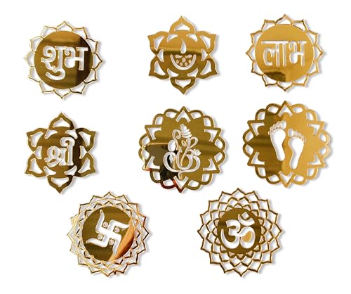 Image of The Decor Shop Golden Acrylic Hindu Wall Decor Stickers Set of 8 | Shubh Labh, Om, Swastik, Ganesha, Shri & Charan Paduka | Self-Adhesive Mirror Finish Wall Art for Mandir, Room & Diwali Decoration