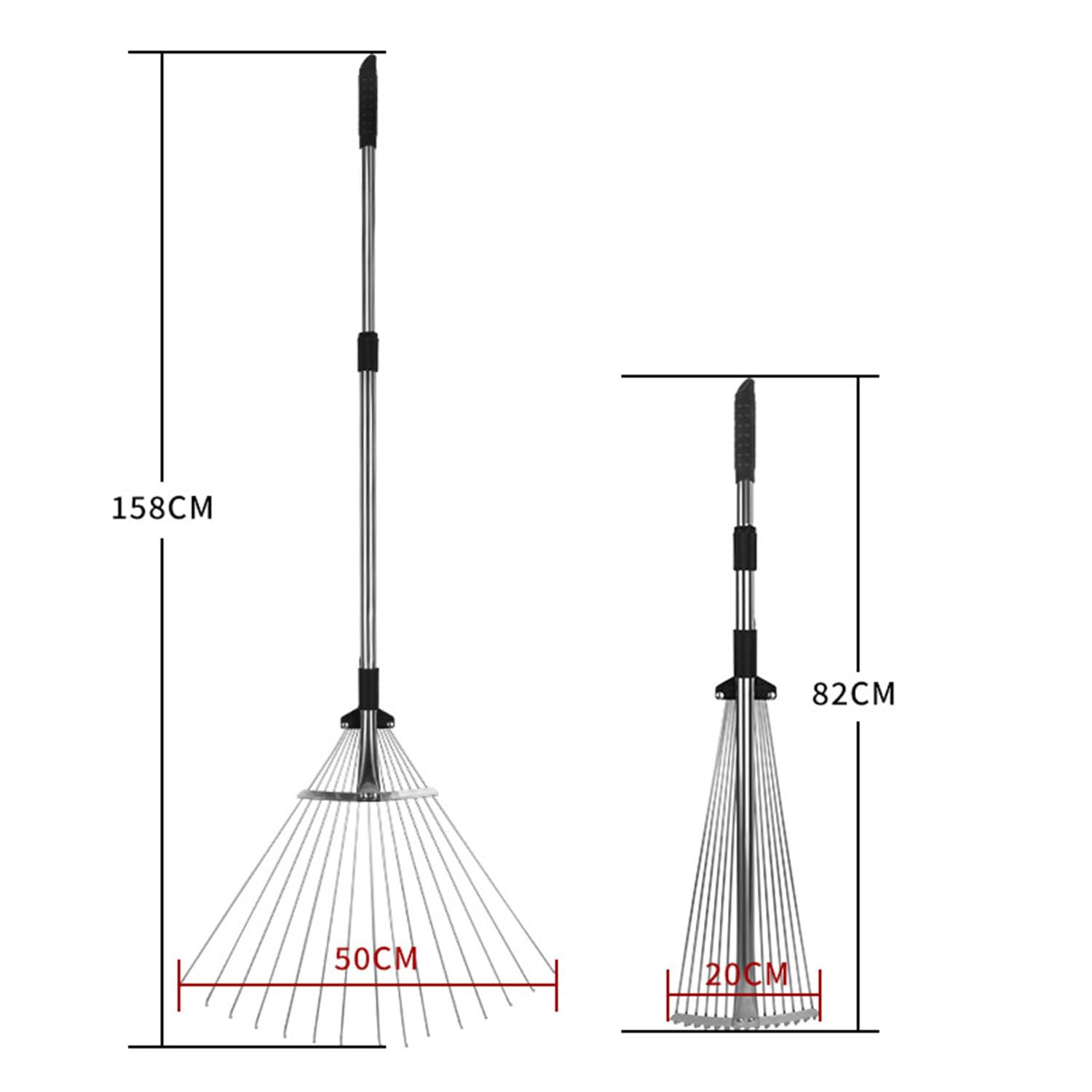 Rastrello telescopico regolabile, manico estensibile, strumento da giardino in acciaio inox per foglie, rastrello pieghevole per aiuole, prati, cortili e pozzi di finestre