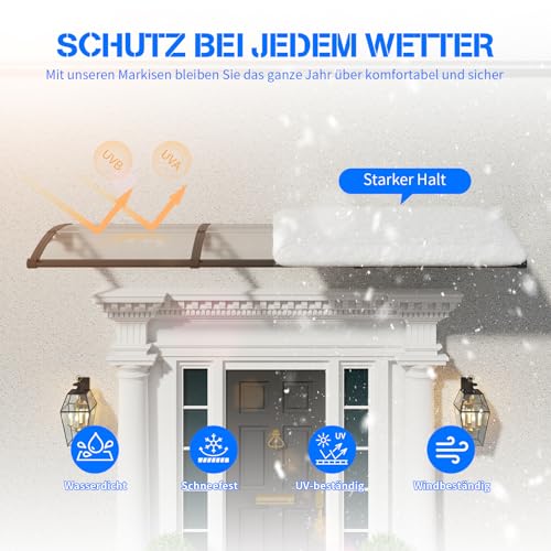 Vordach für Haustür,300x80cm Fenstervordach mit separater Entwässerung, Polycarbonat Pultvordach Überdachung für UV-, Regen- und Schneeschutz – Ideal für Veranda, Terrasse und Fenster